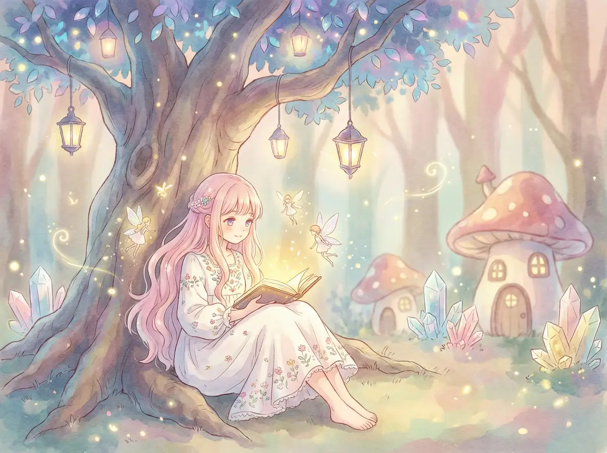 娜娜轻量版 - 魔法森林中阅读故事书的粉发少女与精灵